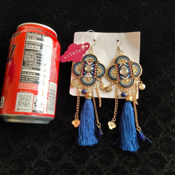 Iris Apfel & Bajalia Blue & Gold Embellished Tasseled HUGE Statement Earrings - Picture 6 of 11